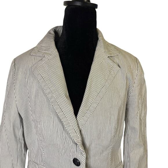 Zara Basic White With Blue Pin Stripes Open Front Classic Fit Blazer Size Med - Picture 3 of 11